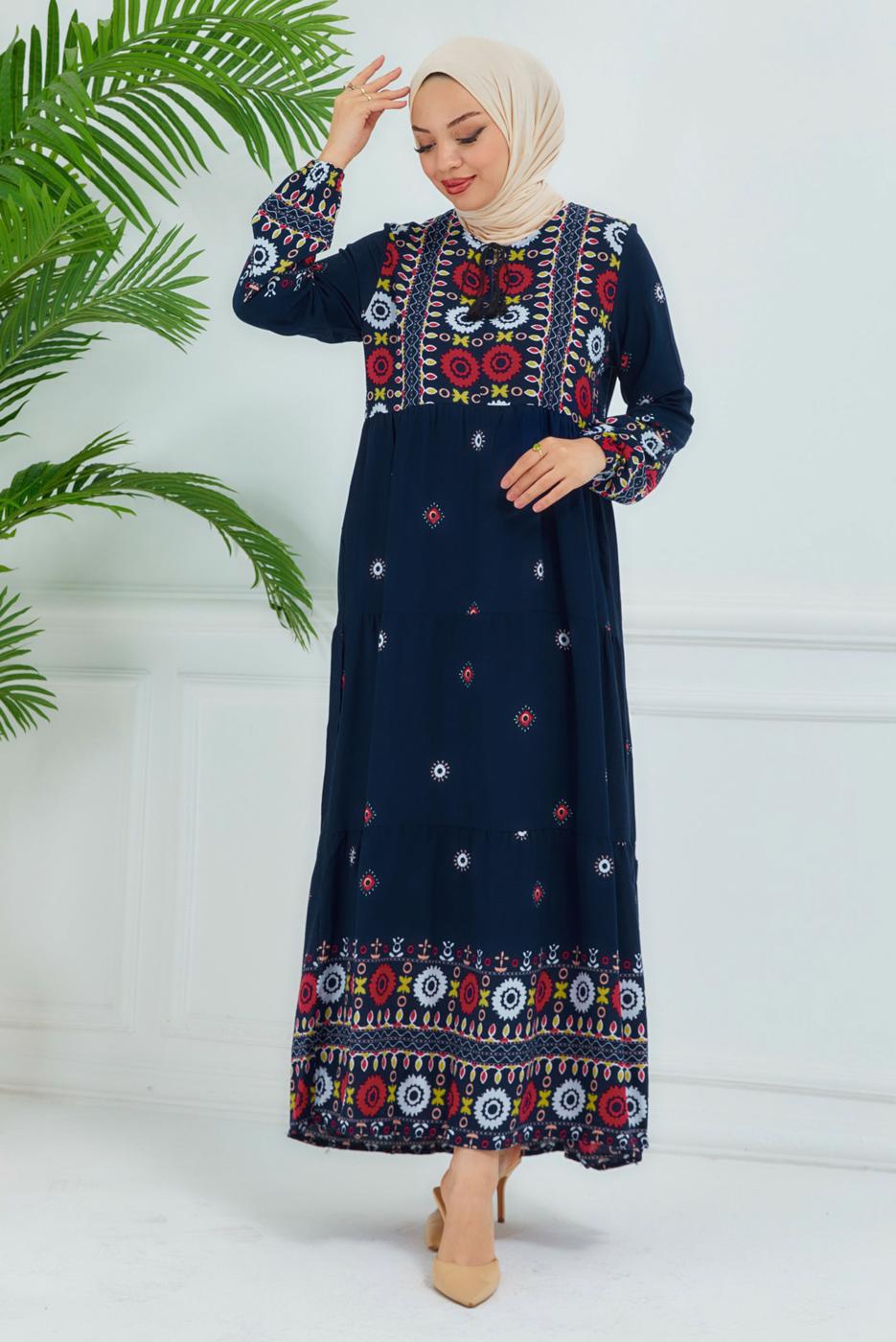 Tesettür giyim LACİVERT DESENLİ VİSKON ELBİSE T 6830