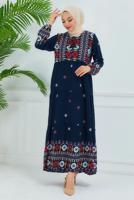 Tesettür giyim LACİVERT DESENLİ VİSKON ELBİSE T 6830