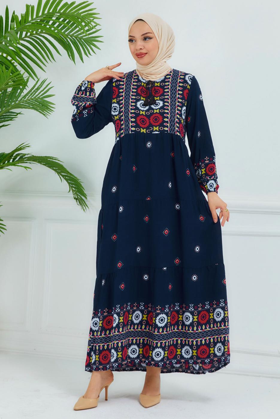 Tesettür giyim LACİVERT DESENLİ VİSKON ELBİSE T 6830