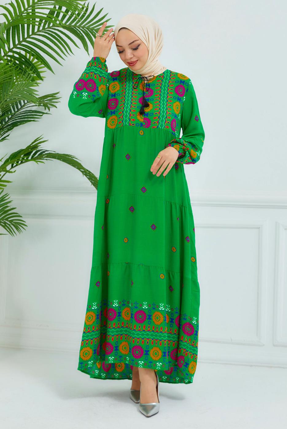 Tesettür giyim YEŞİL DESENLİ VİSKON ELBİSE T 6830