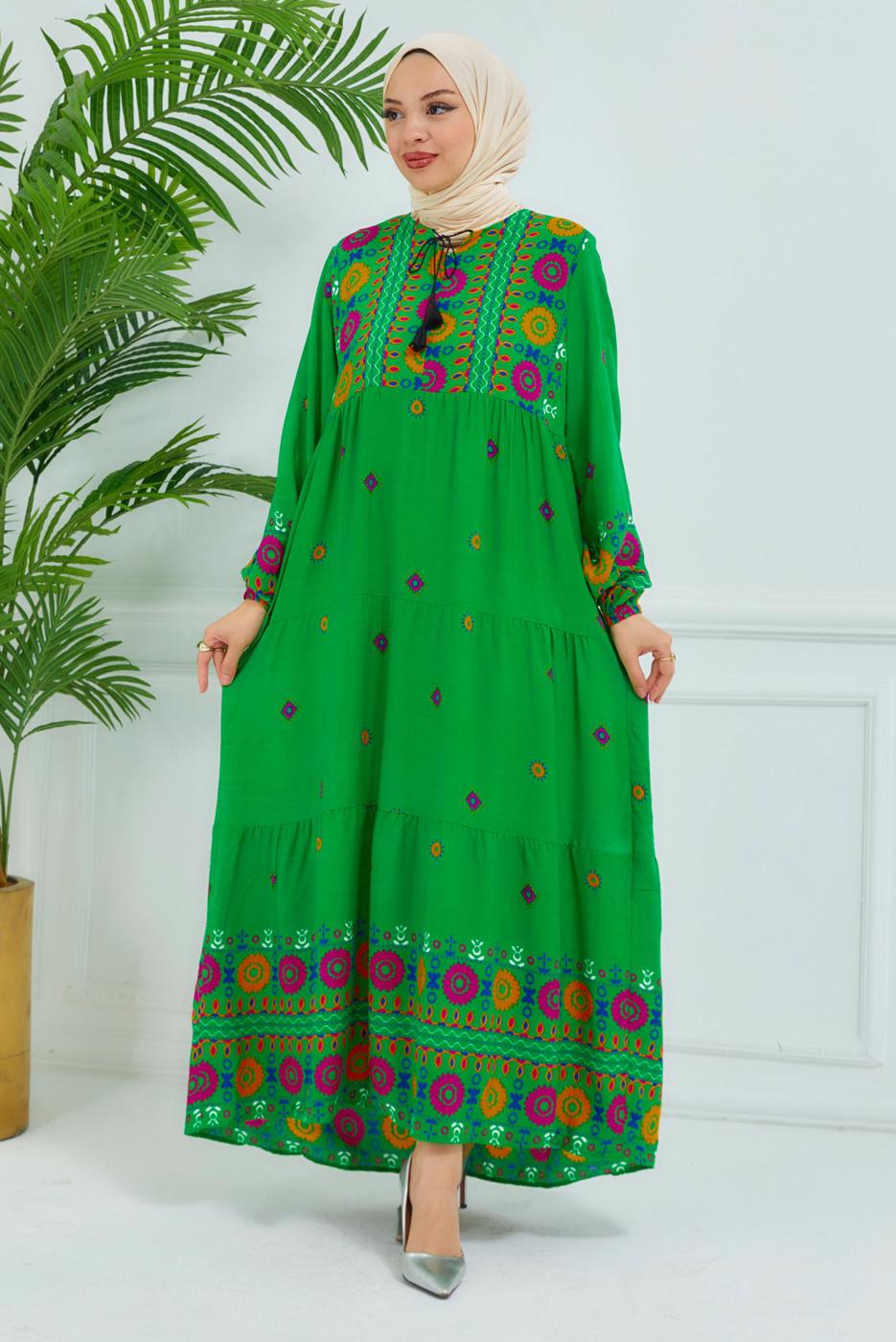 Tesettür giyim YEŞİL DESENLİ VİSKON ELBİSE T 6830