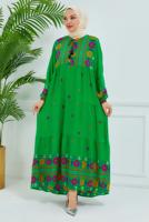 Tesettür giyim YEŞİL DESENLİ VİSKON ELBİSE T 6830