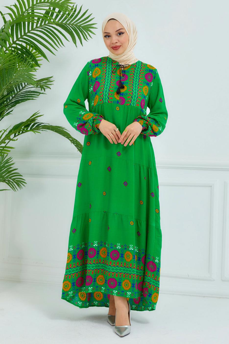 Tesettür giyim YEŞİL DESENLİ VİSKON ELBİSE T 6830