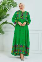Tesettür giyim YEŞİL DESENLİ VİSKON ELBİSE T 6830