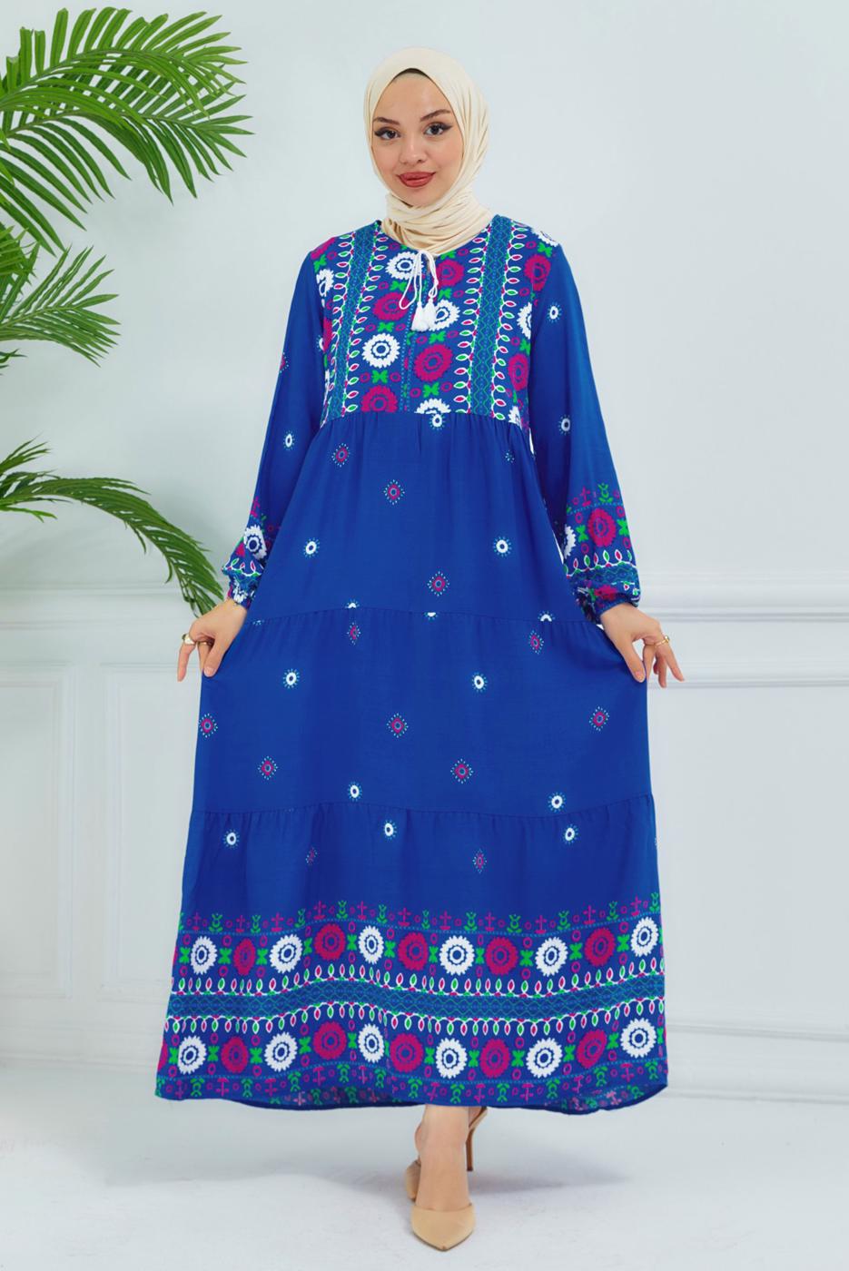 Tesettür giyim LACİVERT DESENLİ VİSKON ELBİSE T 6830