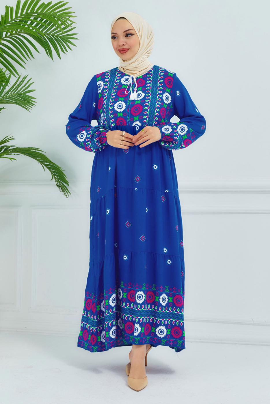 Tesettür giyim LACİVERT DESENLİ VİSKON ELBİSE T 6830