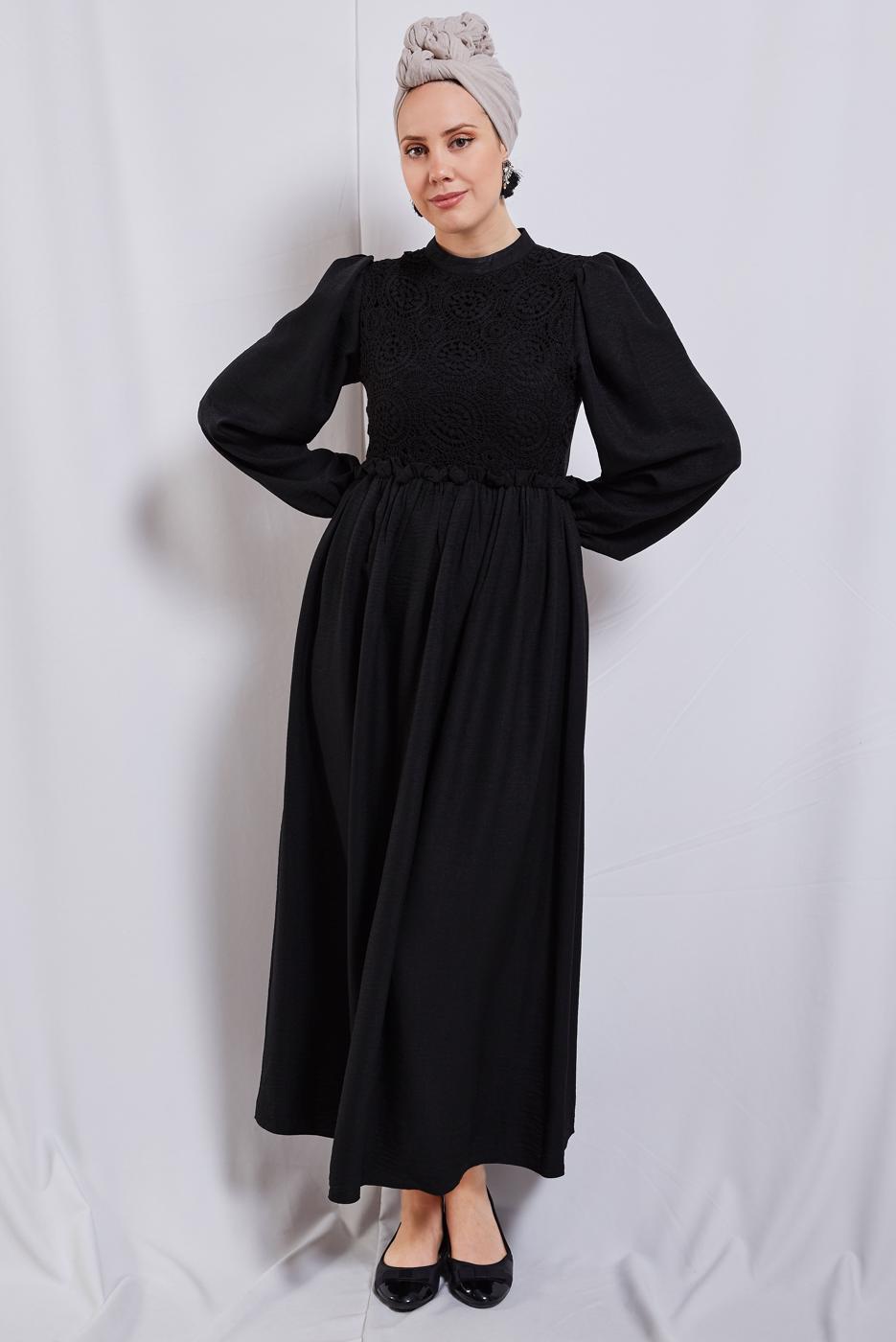 Tesettür giyim SİYAH BALON KOL ELBİSE T 6895