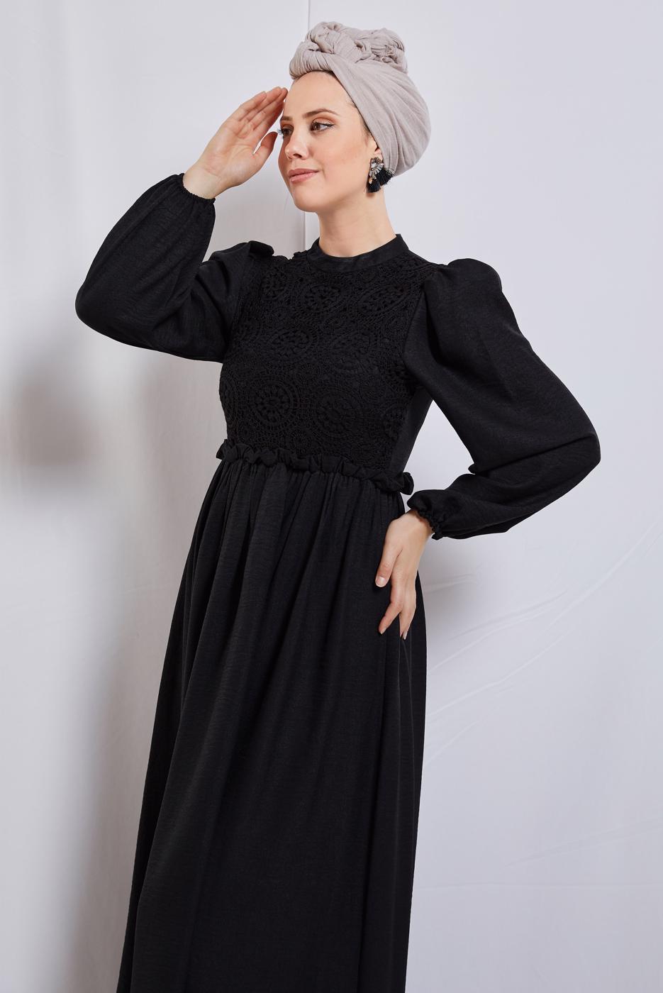 Tesettür giyim SİYAH BALON KOL ELBİSE T 6895