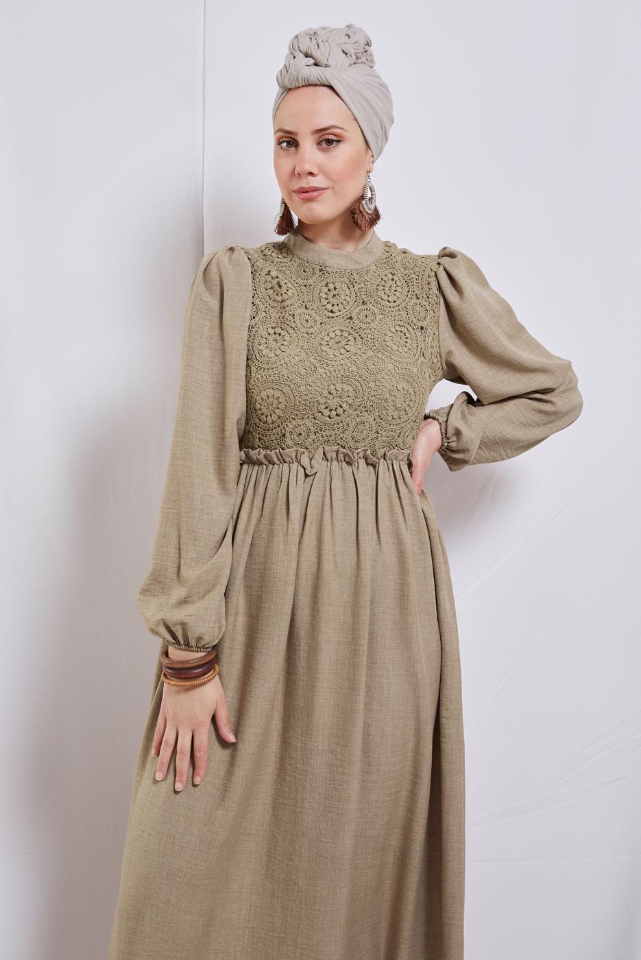 Tesettür giyim KAHVE BALON KOL ELBİSE T 6895