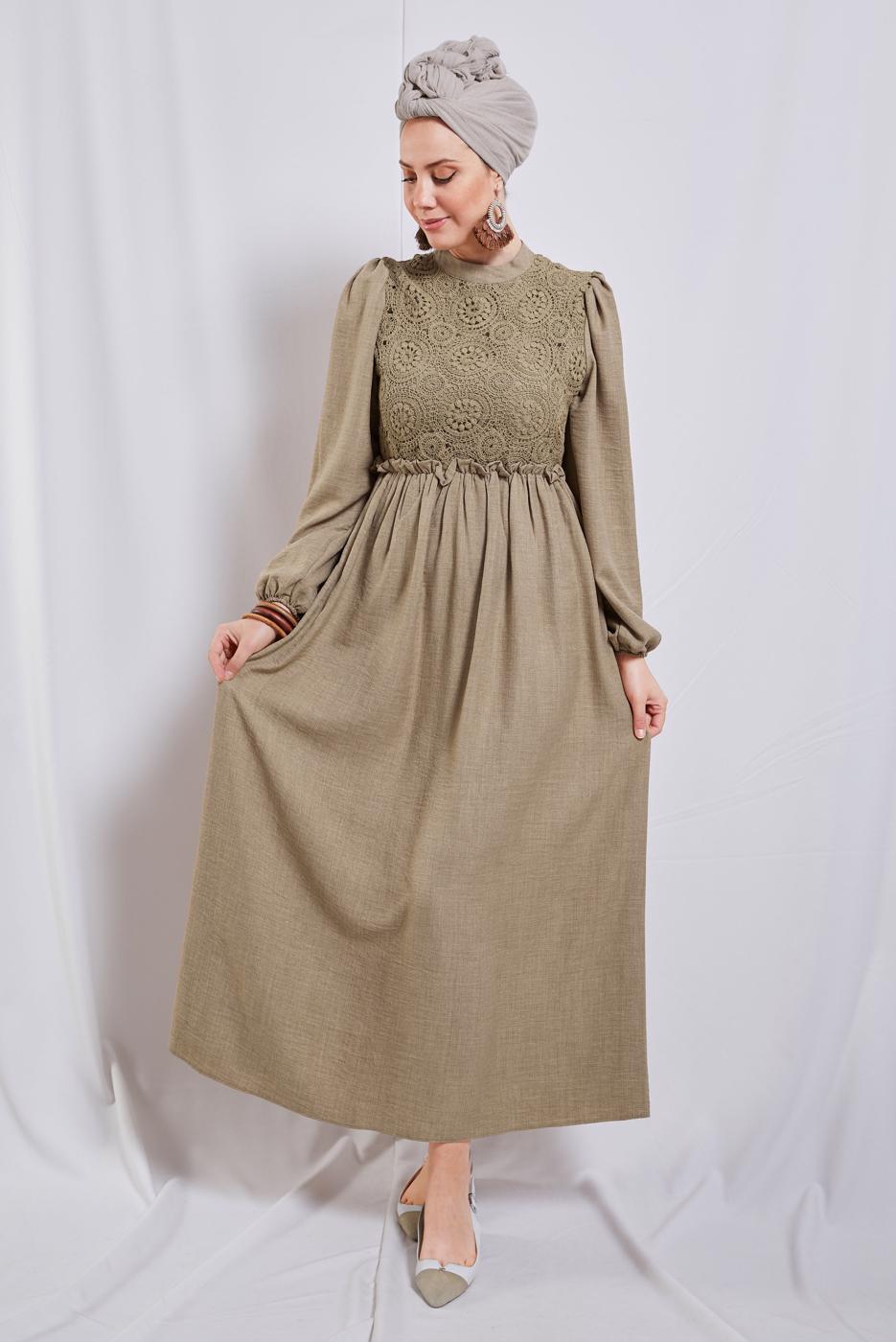 Tesettür giyim KAHVE BALON KOL ELBİSE T 6895