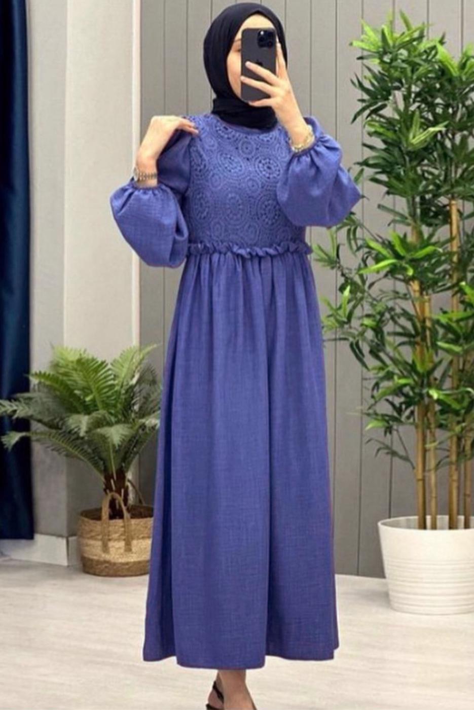 Tesettür giyim LACİVERT BALON KOL ELBİSE T 6895