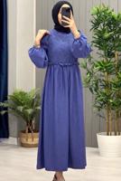 Tesettür giyim LACİVERT BALON KOL ELBİSE T 6895