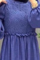 Tesettür giyim LACİVERT BALON KOL ELBİSE T 6895