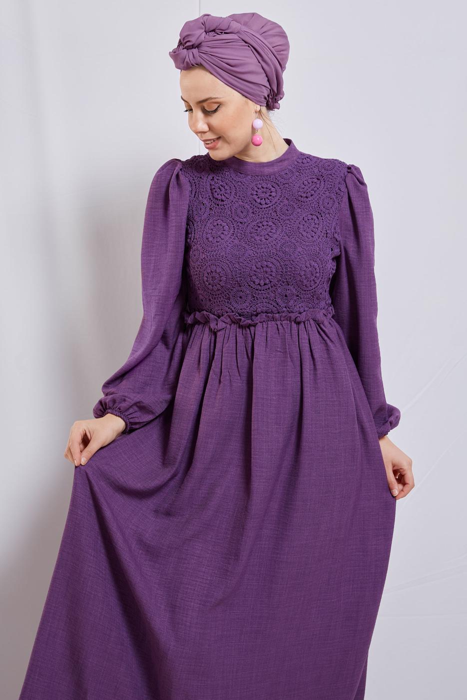 Tesettür giyim MOR BALON KOL ELBİSE T 6895