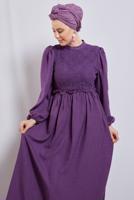 Tesettür giyim MOR BALON KOL ELBİSE T 6895