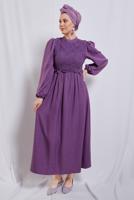 Tesettür giyim MOR BALON KOL ELBİSE T 6895