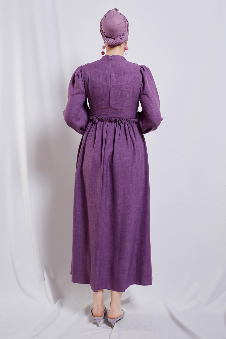 Tesettür giyim MOR BALON KOL ELBİSE T 6895