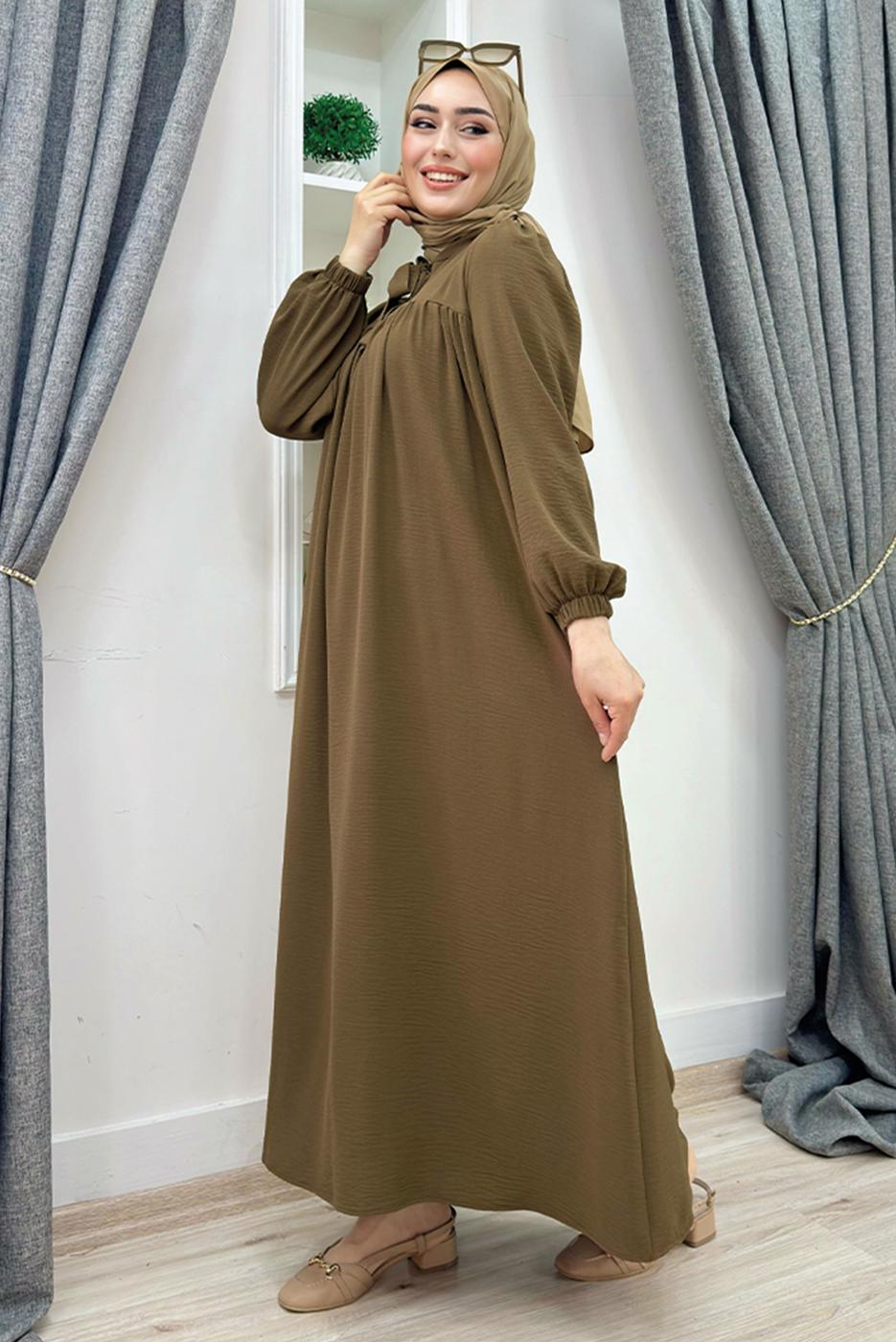 Tesettür giyim KAHVE BEBEKLİ ANNE ELBİSESİ T 6983