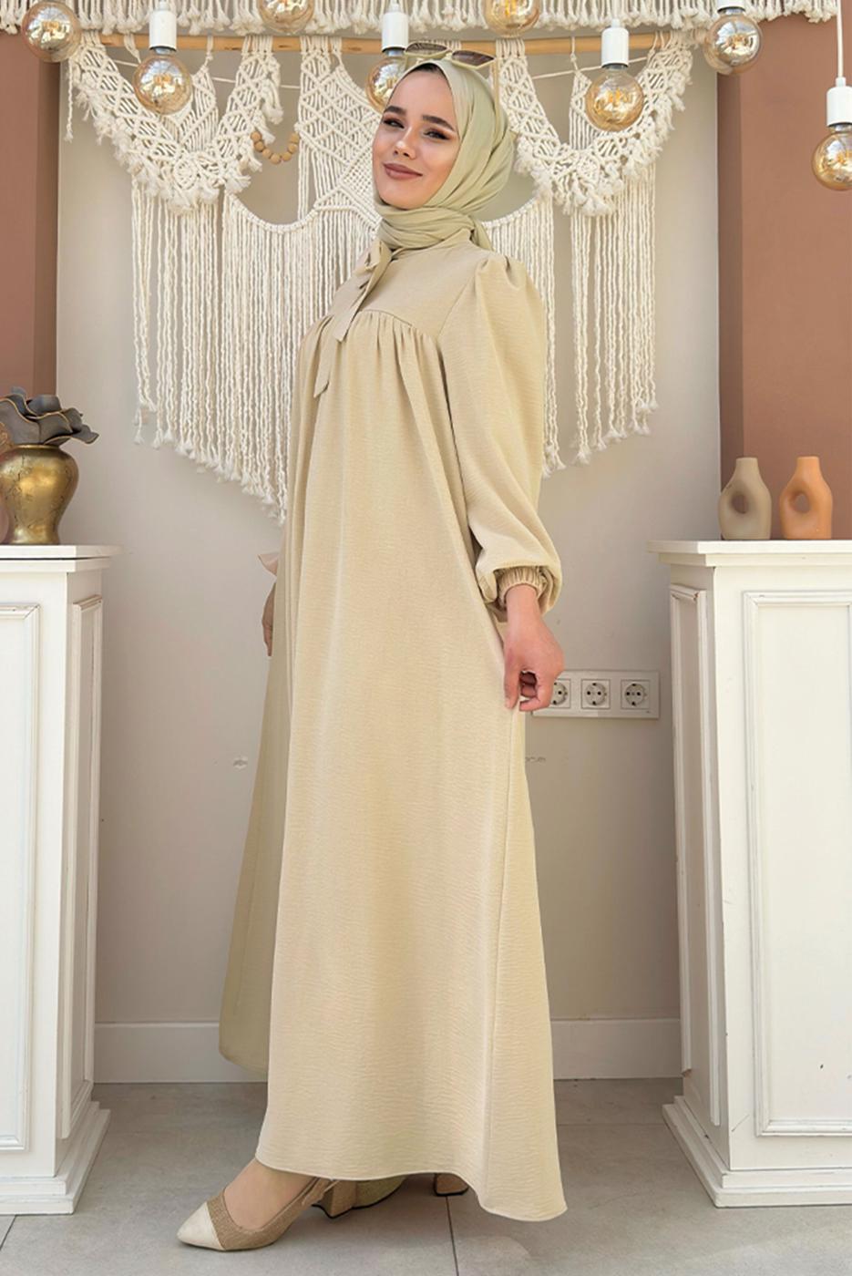 Tesettür giyim BEJ BEBEKLİ ANNE ELBİSESİ T 6983