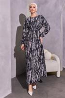 Tesettür giyim SİYAH KUŞAKLI DESENLİ ELBİSE T 6993