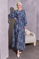 Tesettür giyim LACİVERT KUŞAKLI DESENLİ ELBİSE T 6993