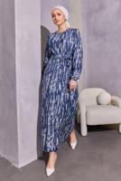 Tesettür giyim LACİVERT KUŞAKLI DESENLİ ELBİSE T 6993