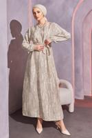 Tesettür giyim VİZON KUŞAKLI DESENLİ ELBİSE T 6993