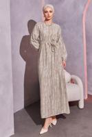 Tesettür giyim VİZON KUŞAKLI DESENLİ ELBİSE T 6993