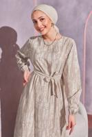 Tesettür giyim VİZON KUŞAKLI DESENLİ ELBİSE T 6993