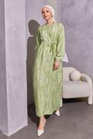 Tesettür giyim YEŞİL KUŞAKLI DESENLİ ELBİSE T 6993