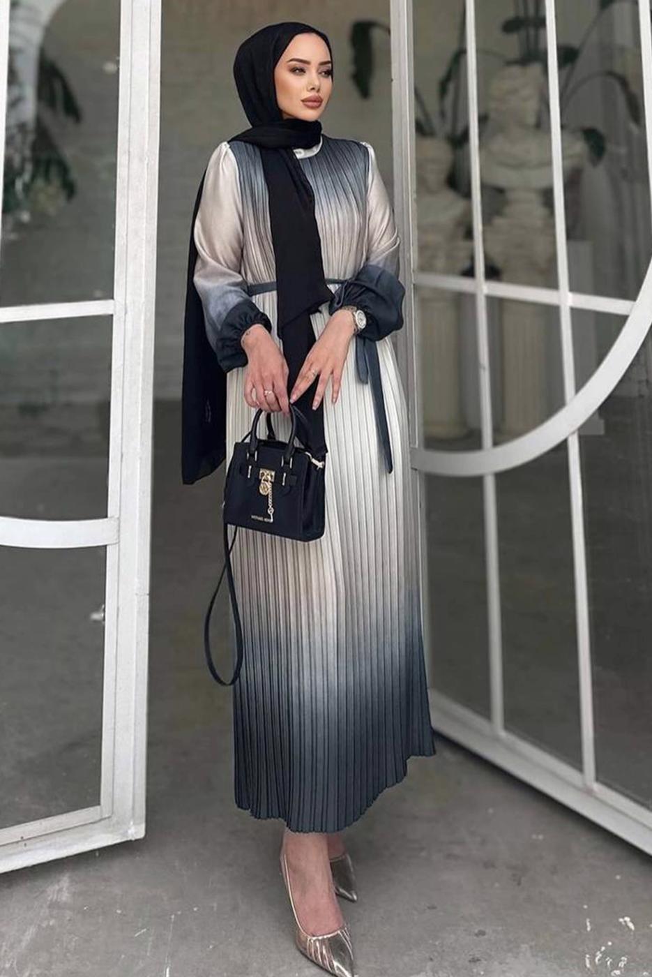 Vêtements hijab NOIR ROBE PLISSÉE CEINTURE T 7285