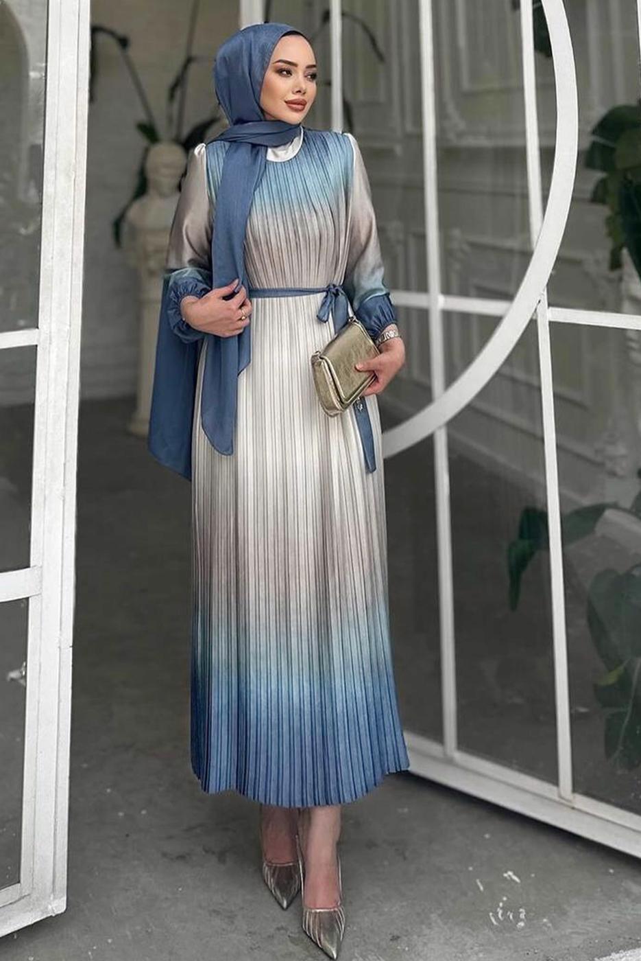 Vêtements hijab BLEU MARINE ROBE PLISSÉE CEINTURE T 7285