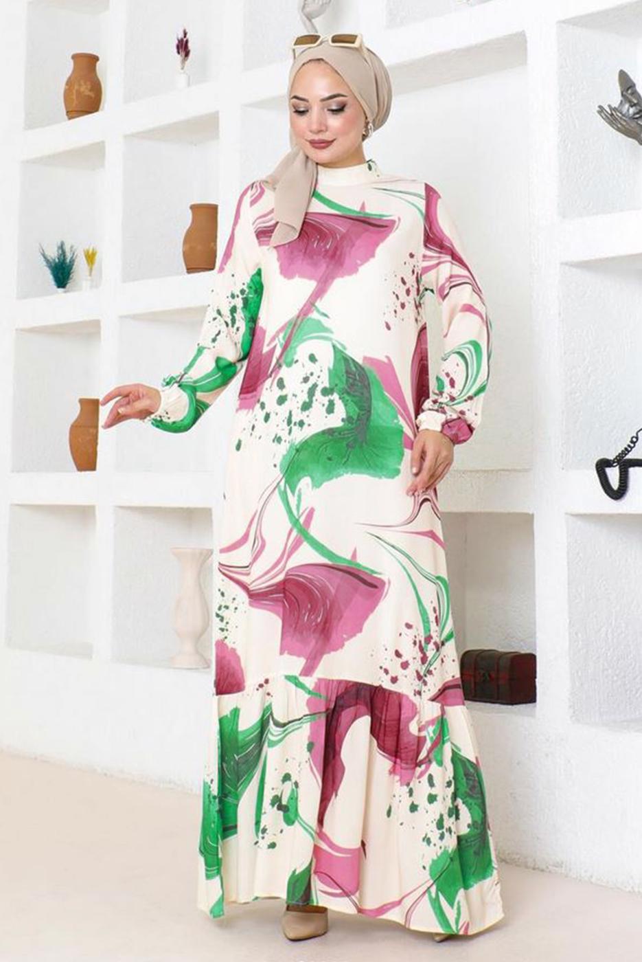Tesettür giyim FUŞYA DESENLİ VİSKON ELBİSE T 7374