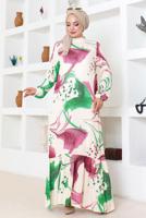 Tesettür giyim FUŞYA DESENLİ VİSKON ELBİSE T 7374