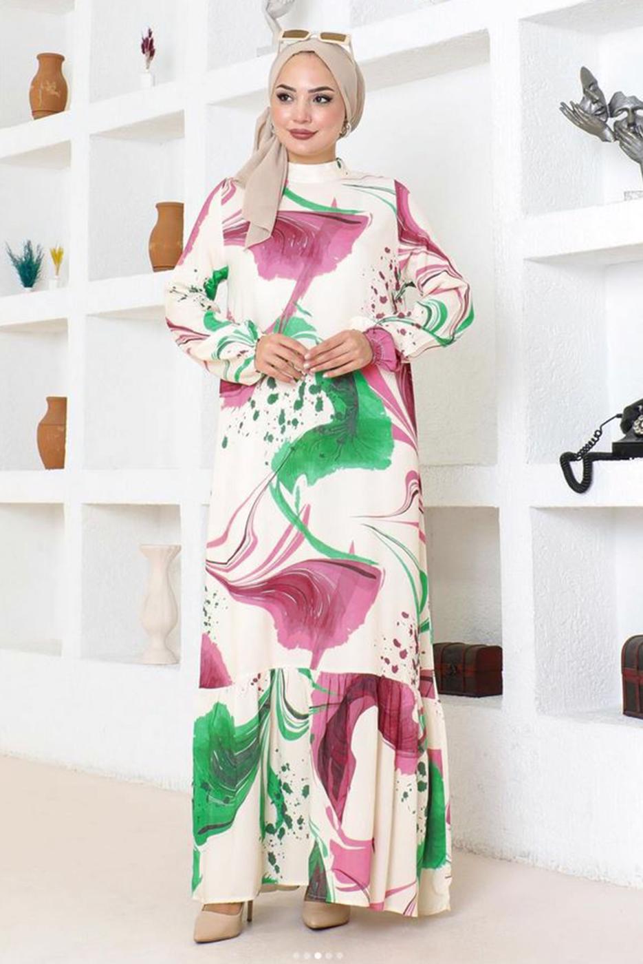 Tesettür giyim FUŞYA DESENLİ VİSKON ELBİSE T 7374