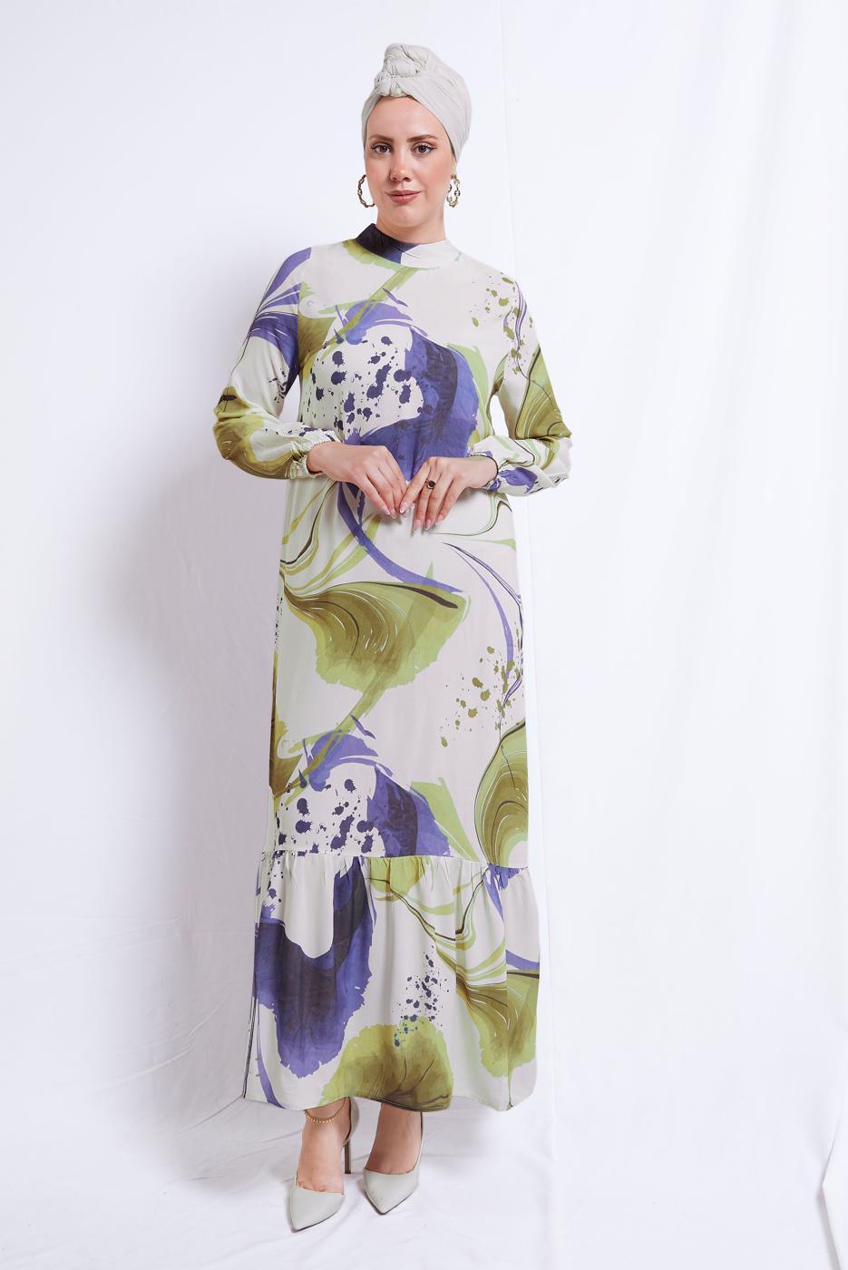 Tesettür giyim SARI DESENLİ VİSKON ELBİSE T 7374