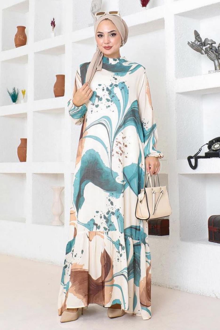 Tesettür giyim YEŞİL DESENLİ VİSKON ELBİSE T 7374