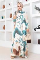 Tesettür giyim YEŞİL DESENLİ VİSKON ELBİSE T 7374