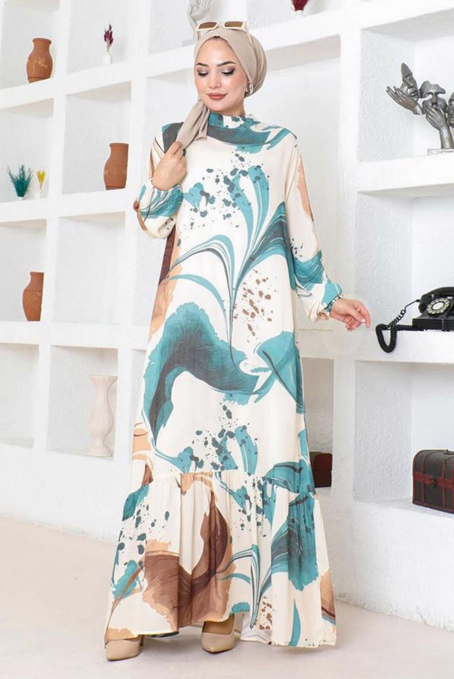 Tesettür giyim YEŞİL DESENLİ VİSKON ELBİSE T 7374