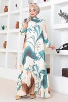 Tesettür giyim YEŞİL DESENLİ VİSKON ELBİSE T 7374