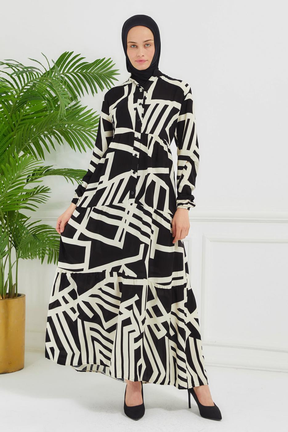 Vêtements hijab NOIR ROBE EN VISCOSE À MOTIFS T 7384