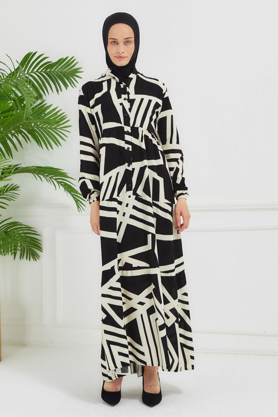 Vêtements hijab NOIR ROBE EN VISCOSE À MOTIFS T 7384