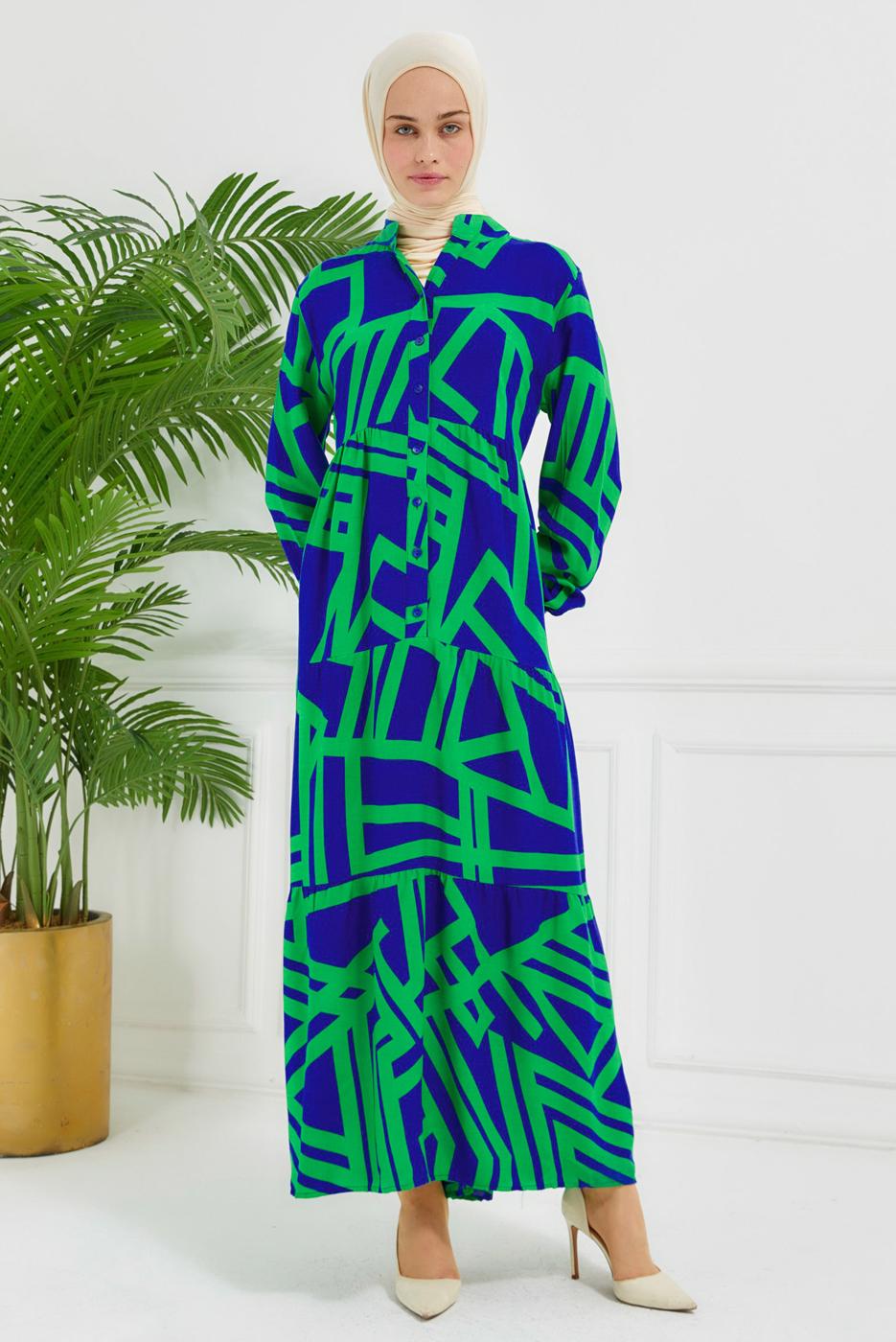 Tesettür giyim YEŞİL DESENLİ VİSKON ELBİSE T 7384