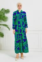 Tesettür giyim YEŞİL DESENLİ VİSKON ELBİSE T 7384