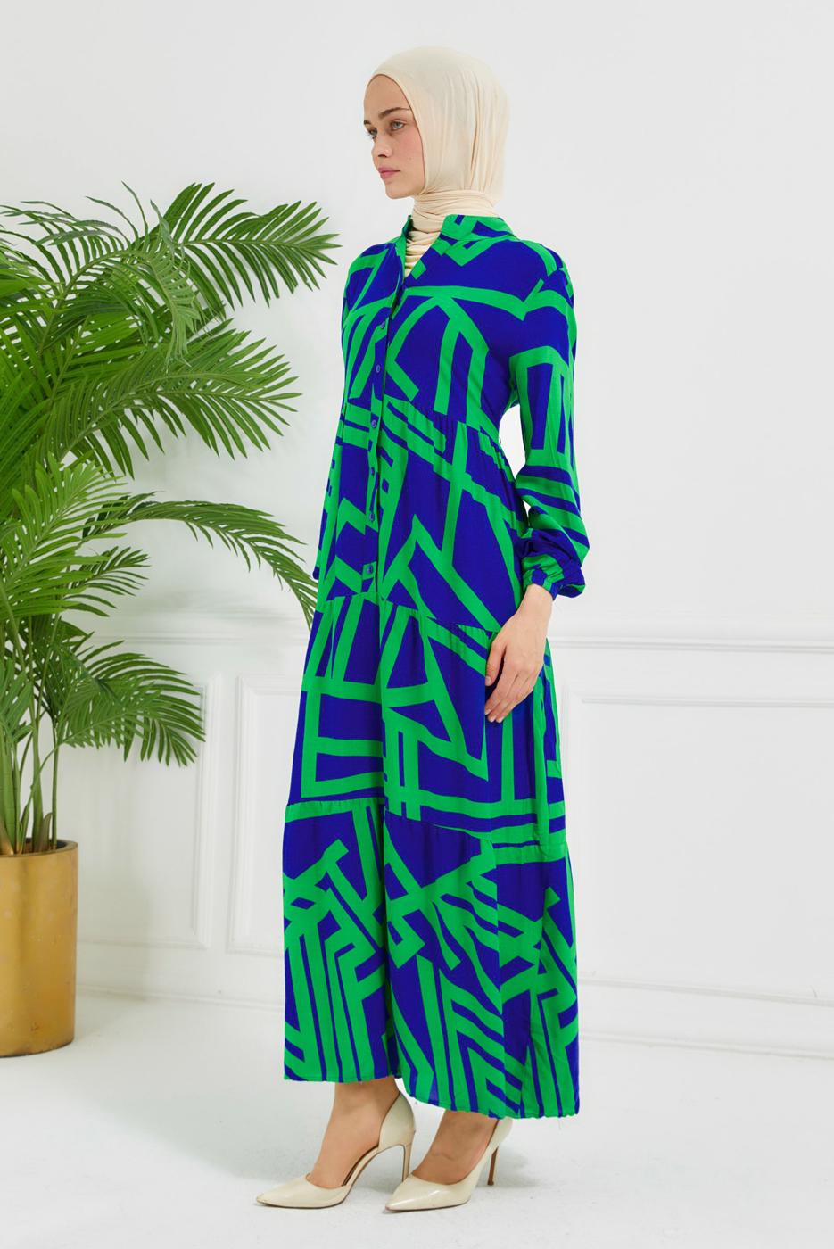 Tesettür giyim YEŞİL DESENLİ VİSKON ELBİSE T 7384