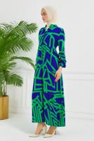 Tesettür giyim YEŞİL DESENLİ VİSKON ELBİSE T 7384