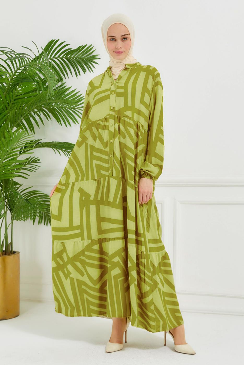 Tesettür giyim YEŞİL DESENLİ VİSKON ELBİSE T 7384