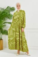 Tesettür giyim YEŞİL DESENLİ VİSKON ELBİSE T 7384