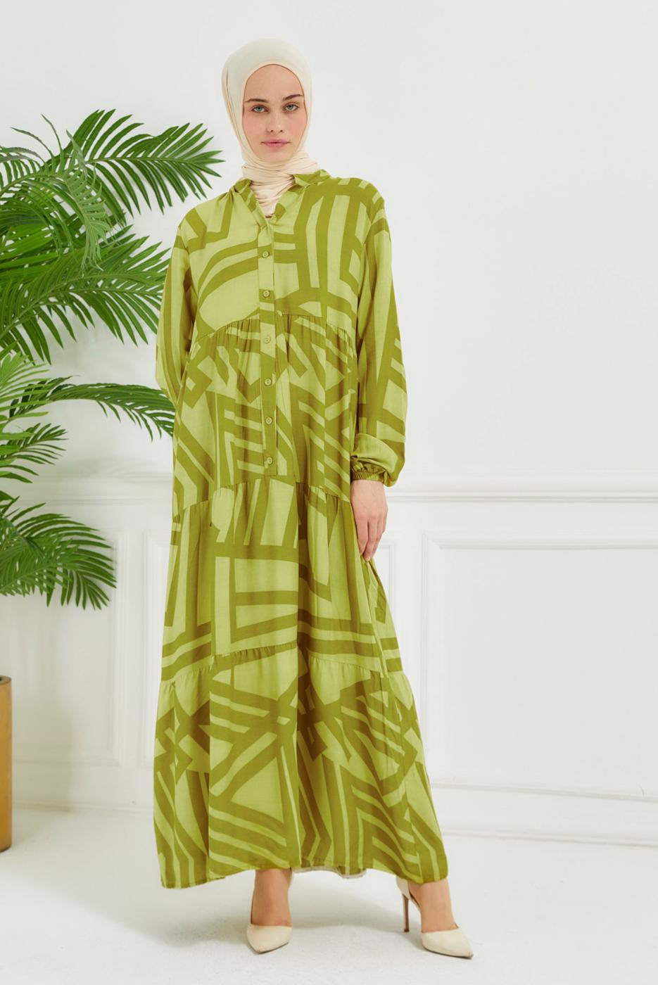 Tesettür giyim YEŞİL DESENLİ VİSKON ELBİSE T 7384