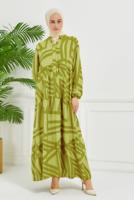 Tesettür giyim YEŞİL DESENLİ VİSKON ELBİSE T 7384